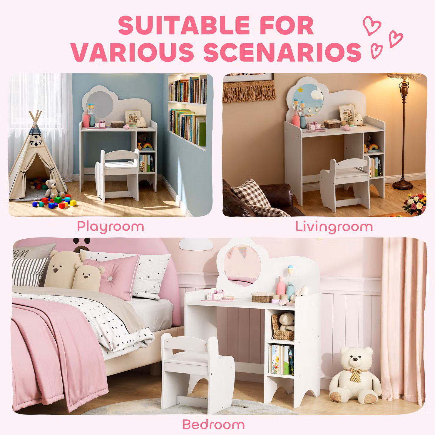 AIYAPLAY Kids Dressing Table with Mirror and Stool, White Vanity Table with Shelves for Ages 3-8 Years – 2