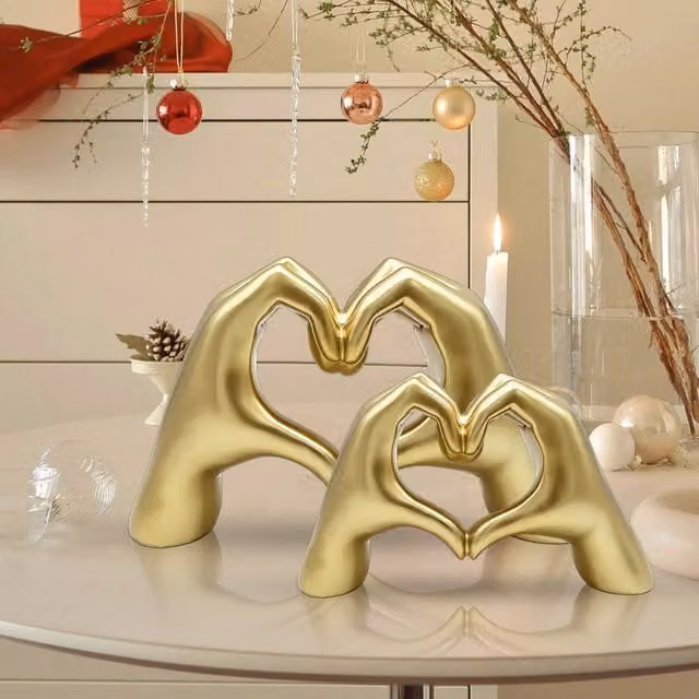Huhote Modern Heart Hands Sculpture Set of 2 in Gold