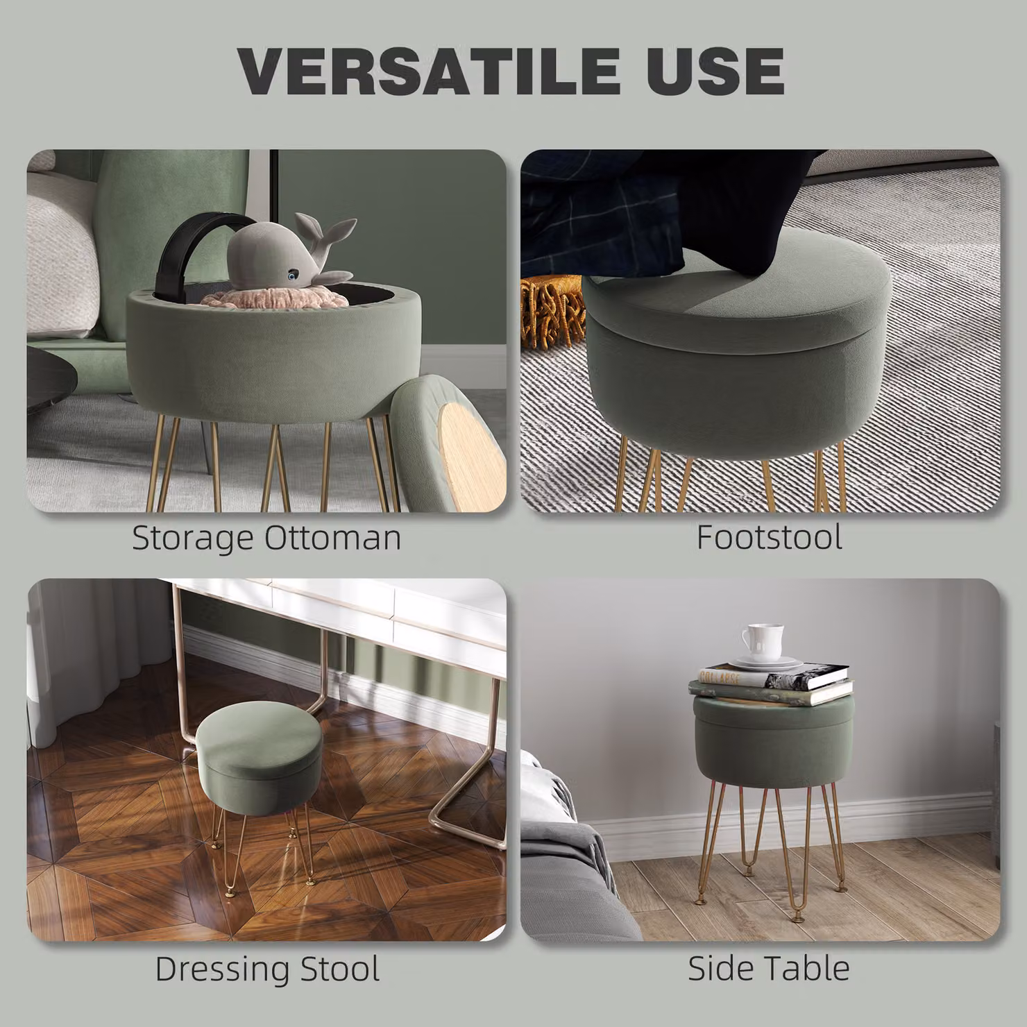 HOMCOM Modern Round Velvet Storage Ottoman with Metal Hairpin Legs and Removable Lid, Green – 5