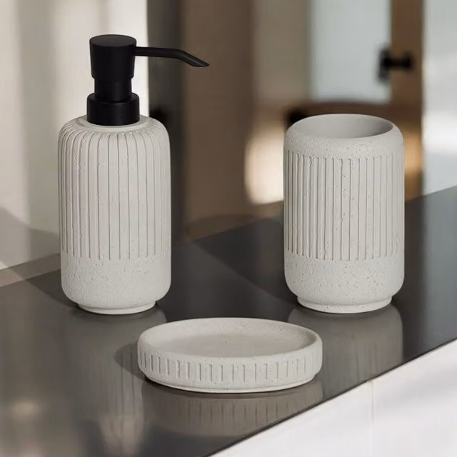 Showerdrape Alexandria Stone 3 Piece Freestanding Bathroom Accessory Set in Black with Tumbler