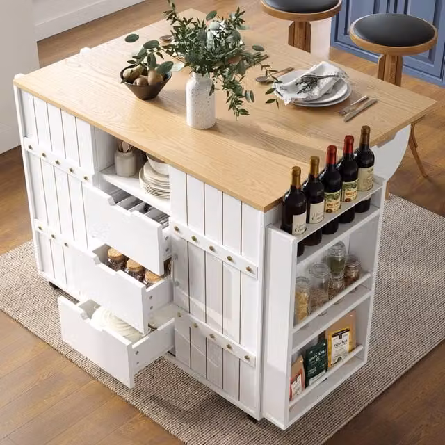 Rolipo Kitchen Island Trolley with Sliding Doors and Wood Grain Worktop in White – 1