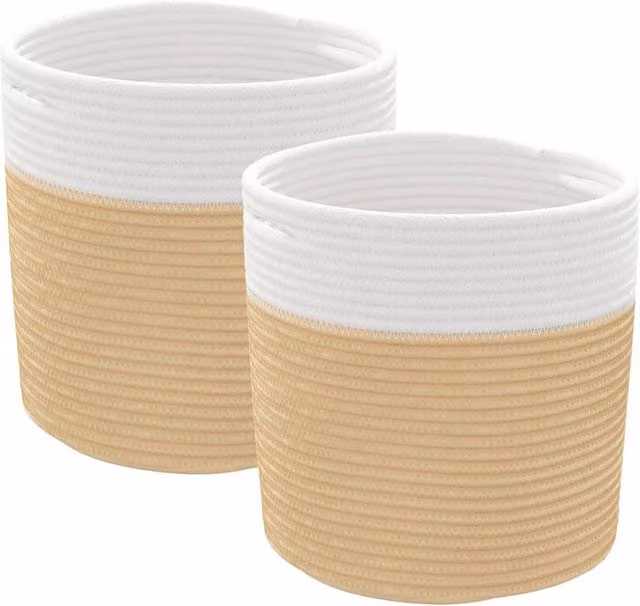 Berkfield Home Storage Baskets, 2 Pack, Beige and White Cotton Fabric, W/D/H: 28 x 28 x 28 cm – 1