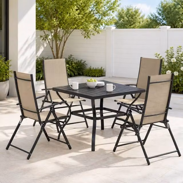 STILVORA Modern Square Garden Dining Set with Folding Chairs in Beige Matt Powder Coated Steel – 1