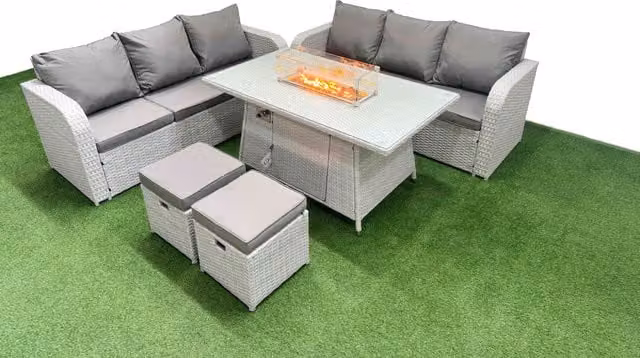 Fimous 8 Seater Wicker Rattan Garden Furniture Set with Firepit Dining Table and High Back Lounge Sofas in Light Grey