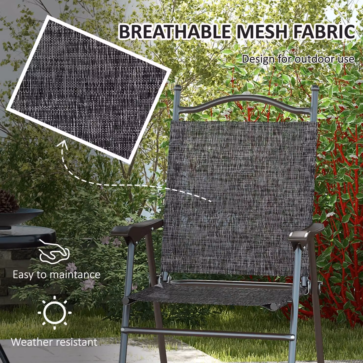 OUTSUNNY Set of 2 Grey Folding Chairs with Armrests and Breathable Mesh Fabric Seats – 4