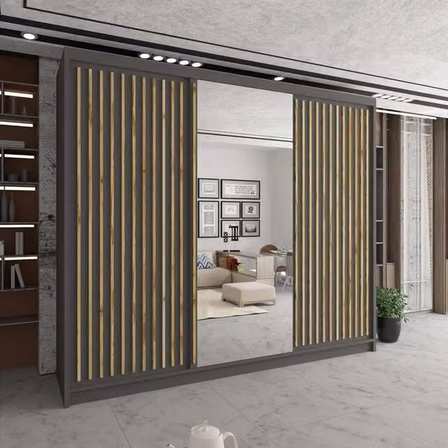 Sliding Wardrobes 4U Sleek Modern Grey Mirror Wardrobe with LED Lighting W: 250 cm, H: 217 cm
