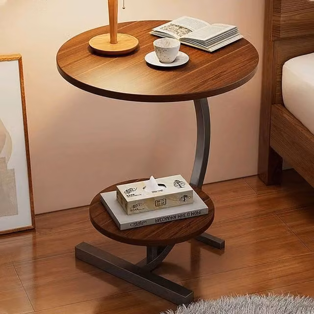 FORGEVIO Industrial Round Side Table in Brown with Wood and Metal Tiers, W/D/H: 60 x 40 x 60 cm