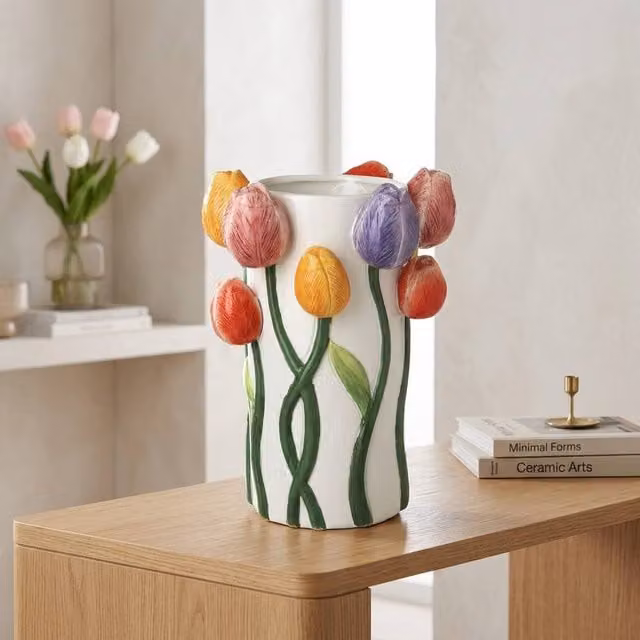 Garden Greatness 3D Ceramic Tulips Statement Vase in Multicolour