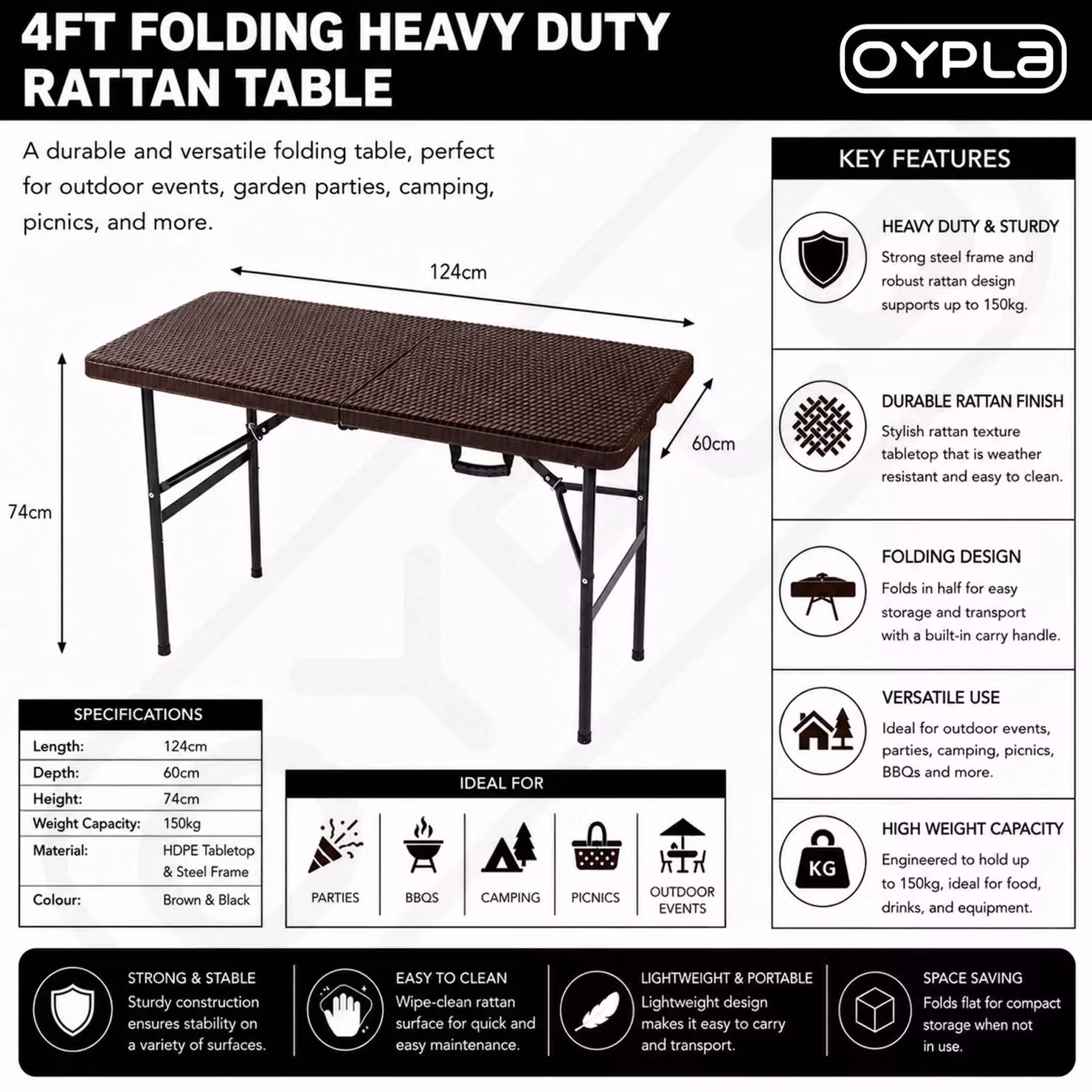 Oypla 4ft Folding Outdoor Rattan Trestle Table in Brown – 2