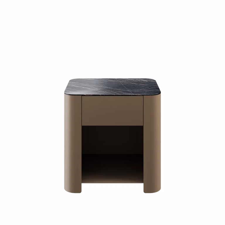 Dome Deco WINSTON Modern Night Table in Black with Stone and Upholstered Frame