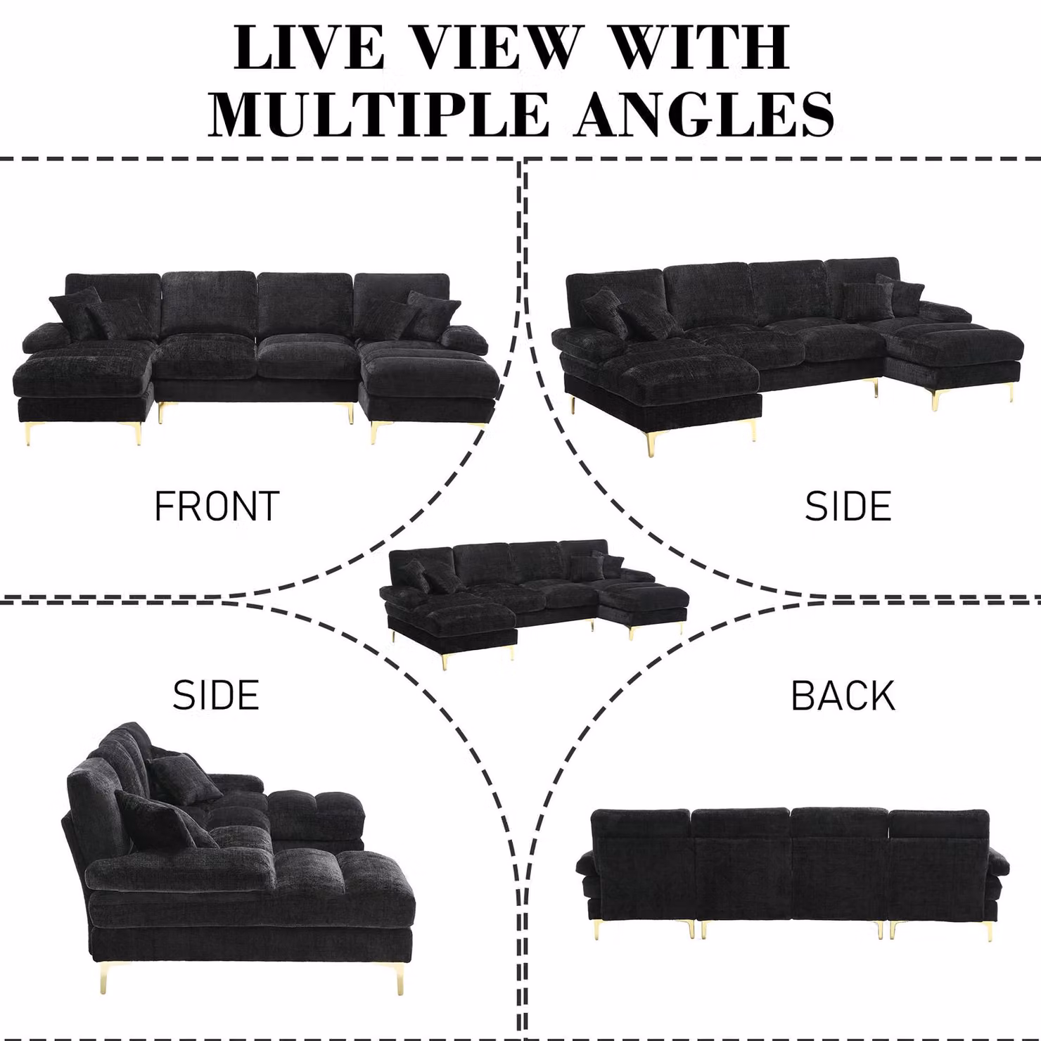 Aosom UK Elegant U-Shaped Modular Sectional Sofa in Black with Scatter Cushions, W: 272 cm, D: 136 cm, H: 88 cm – 6