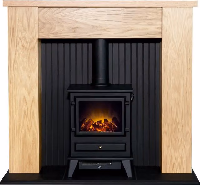 Adam New England Fireplace Suite in Oak and Black with Hudson Electric Stove in Black, 48 Inch