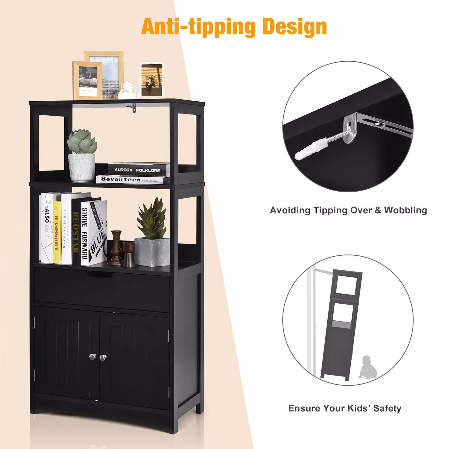 Costway Black Wooden Tall Freestanding Bathroom Floor Cabinet with 2 Open Shelves and Internal Storage – 4