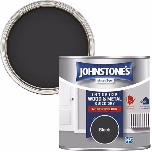 Johnstone's Quick Dry and Non Drip Gloss Paint for Wood and Metal, Black, 250ml – 1