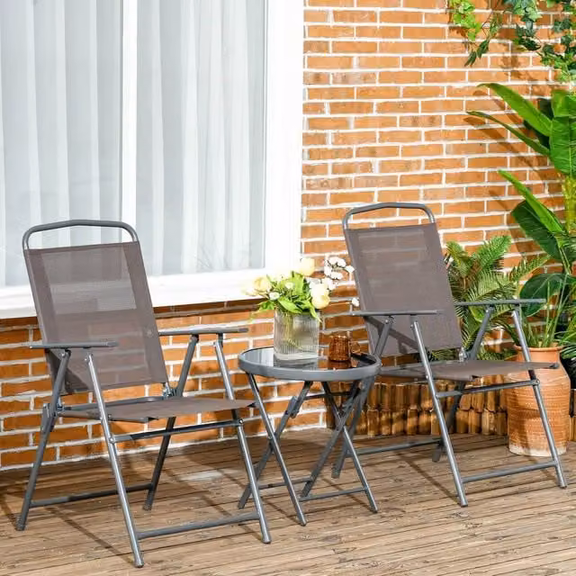 OUTSUNNY Brown Metal and Glass Patio Bistro Set with Folding Chairs and Coffee Table