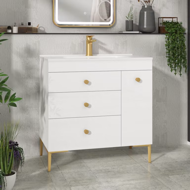 Royal Bathrooms Verona 800mm Gloss White Floor Standing Vanity Unit with 3 Drawers, Side Pull Out Storage and Ceramic Basin with Brushed Brass Knob
