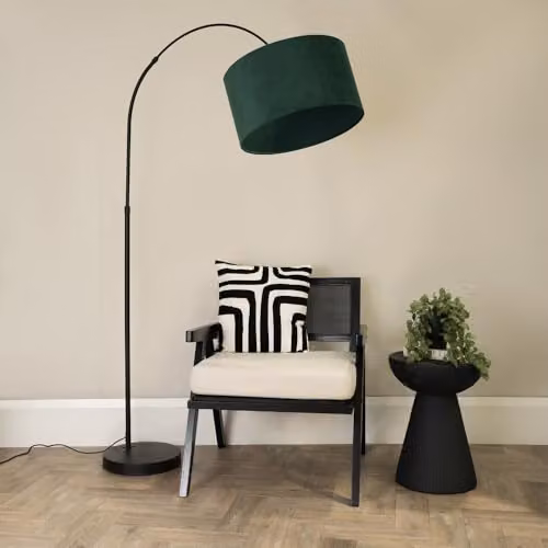 ValueLights Louis Black Metal Arched Floor Lamp with Green Fabric Drum Shade – 2