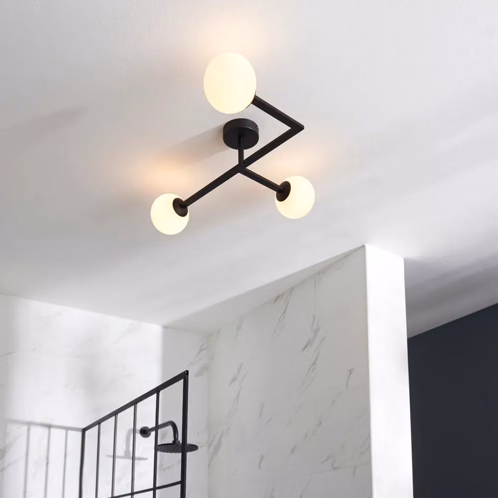 Loops Matt Black Semi Flush Bathroom Ceiling Light with Opal Glass Spheres, 3 Bulb Fitting – 2