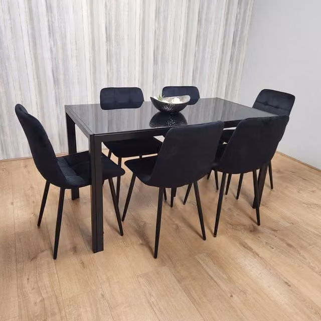 Kosy Koala Modern Black Glass Rectangular Dining Table and 6 Black Chairs Set