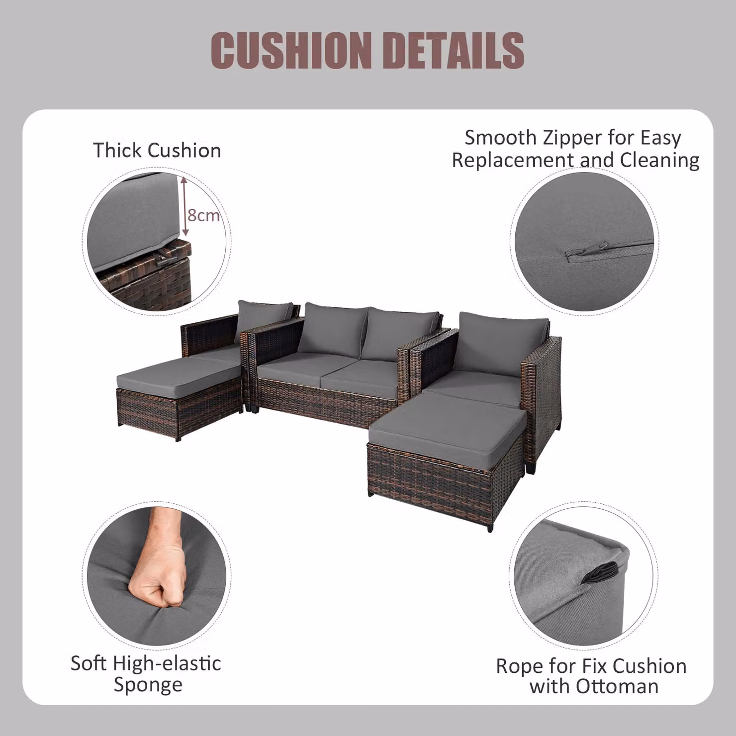 Costway 6-Seater Grey Rattan Garden Furniture Set with L-Shape Sofa, Ottoman and Upholstered Cushions – 6