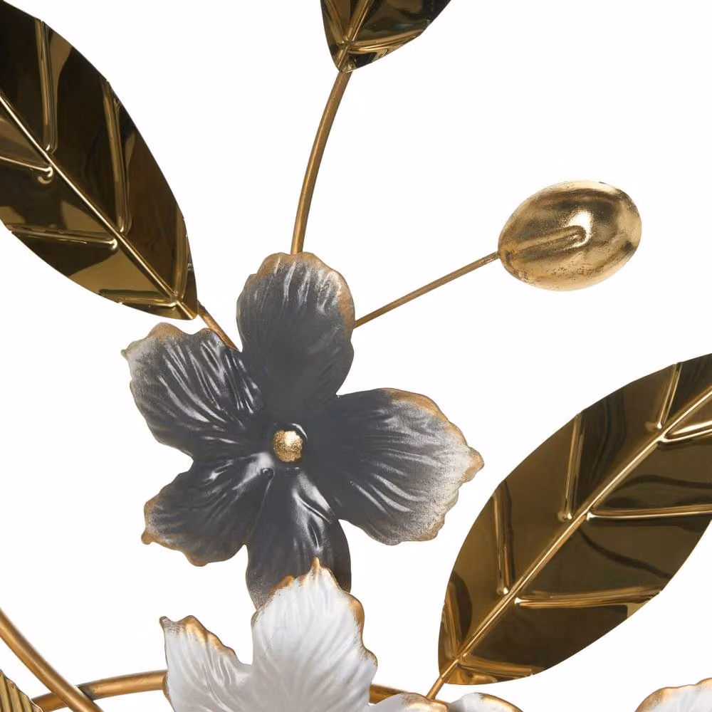 Wyld and Coco Grey and Gold Metal Floral Wall Sculpture with Leaf Design, W: 99 cm, H: 66 cm – 3