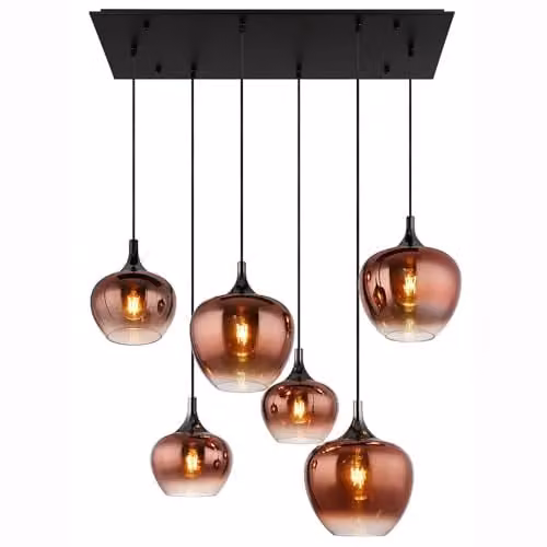 Globo Lighting Modern 6-Bulb E27 Suspended Glass and Metal Pendant Light in Copper and Matte Black