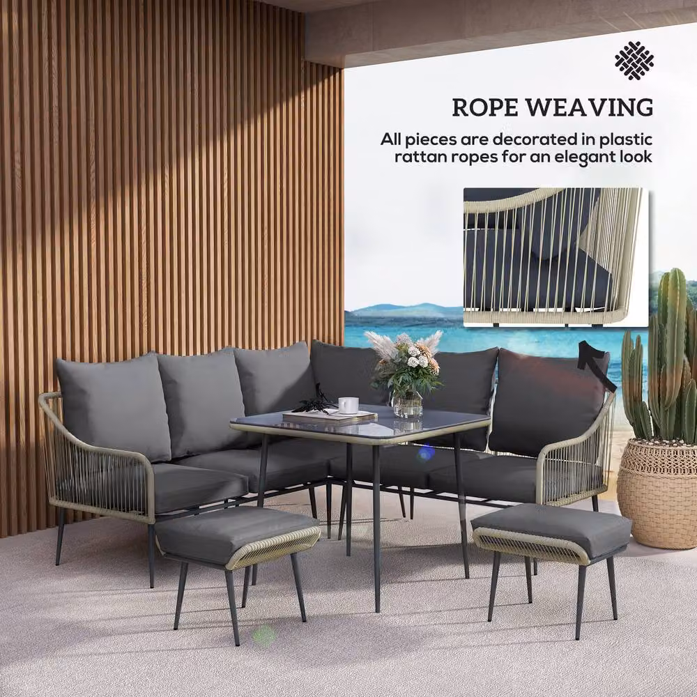 ERGOVEXA Six-Piece L-Shape Rattan Garden Sofa Set in Grey with Upholstered Cushions and Powder Coated Steel Frame – 8