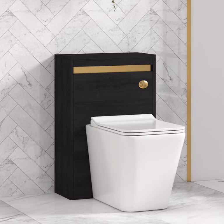 Royal Bathrooms Orion Hale Black BTW WC Unit with Elena Rimless Toilet Pan, Slim Seat and Cistern with Brushed Brass Accent Trim