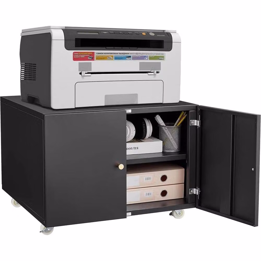 Nordara Black Lockable Printer Stand with Adjustable Internal Shelves and Hinged Doors – 3