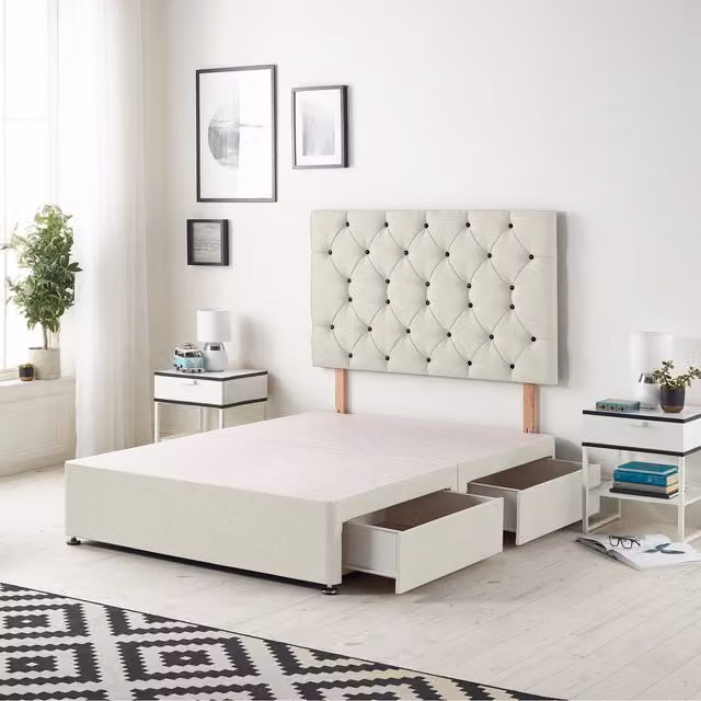 Somnior Beds Ltd Ivory Velvet Upholstered Divan Bed Base with Drawers W/D/H: 140 x 200 x 34.5 cm
