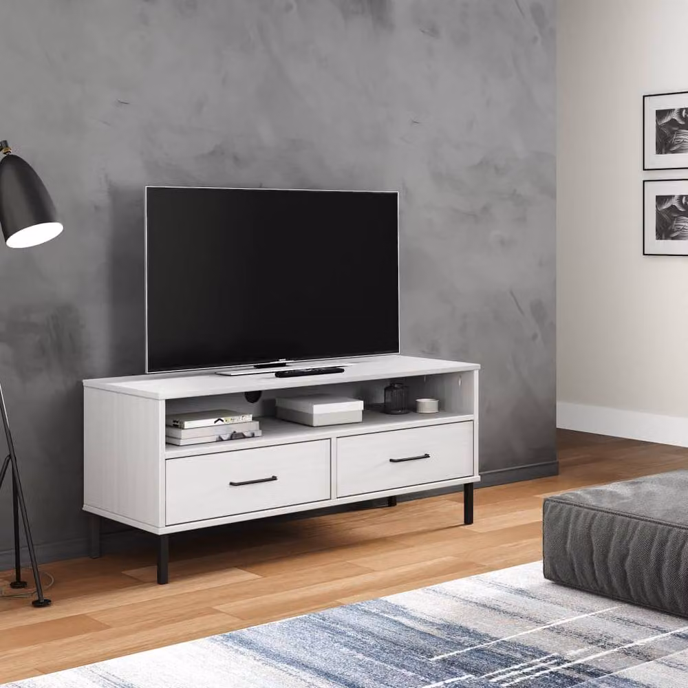 Berkfield Home Oslo TV Cabinet in White Solid Pine Wood with Metal Legs – 2