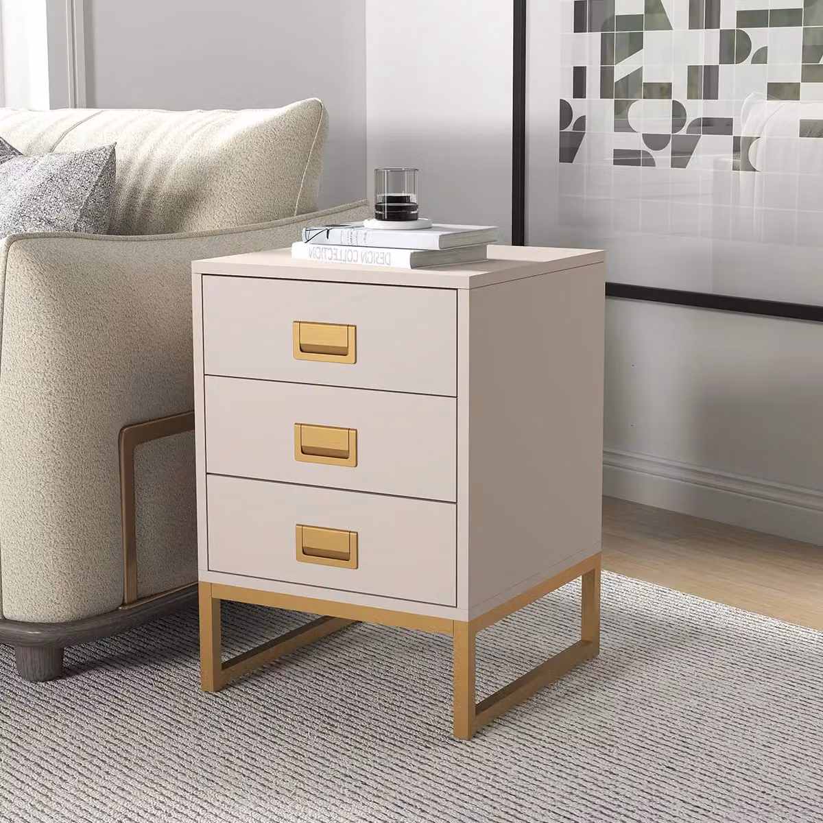 Melody Maison Elle Stone Range Large 2 Drawer Dressing Table and Pair of 3 Drawer Bedside Tables in Beige and Gold – 2