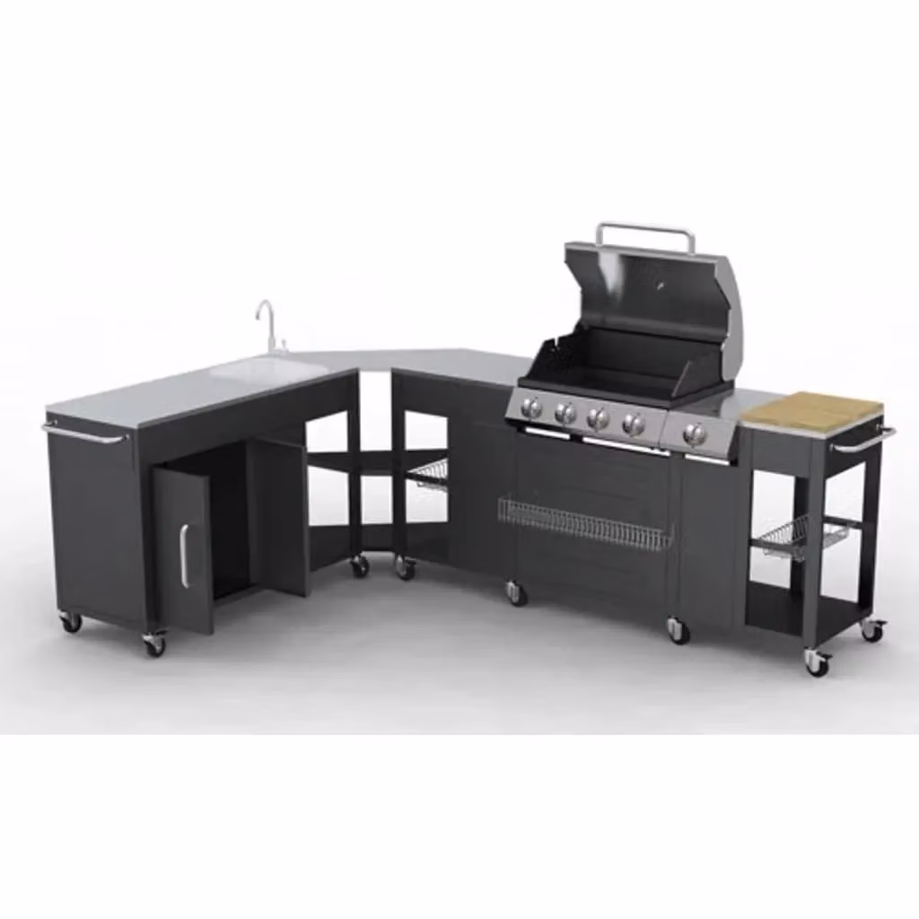 Berkfield Home Missouri 4 Burner Gas Outdoor Kitchen Barbecue in Black with Stainless Steel and Wood Accents, W/D/H: 112.0 x 55.5 x 248.0 cm – 2