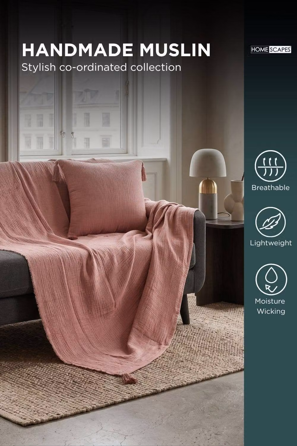 Homescapes Pink Cotton Muslin Square Cushion with Removable Cover, W/D/H: 45 x 45 x 45 cm – 3