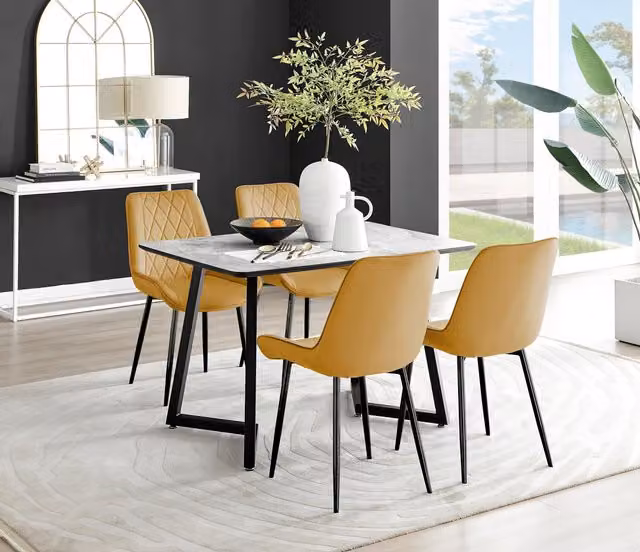 FurnitureboxUK Carson White Marble Effect Dining Table and 4 Pesaro Black Leg Chairs in Mustard – 1