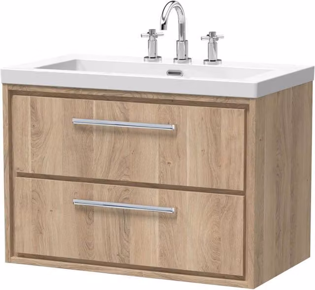 Balterley Longnor 2 Drawer Wall Hung Vanity Basin Unit, Light Oak, Brown, Width: 80 cm