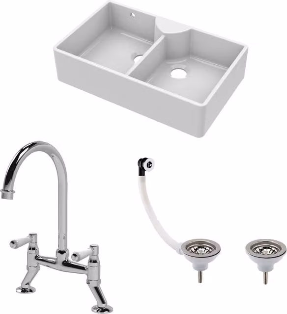 Balterley White Ceramic 2 Bowl Stepped Weir Butler Kitchen Sink W/89.5 cm – 1