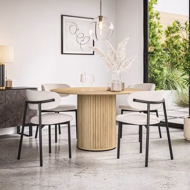 More4Homes Arlo Oak Round Dining Table and Myla Beige Linen Dining Chairs Set of 5, W/D/H: 120 x 120 x 75 cm