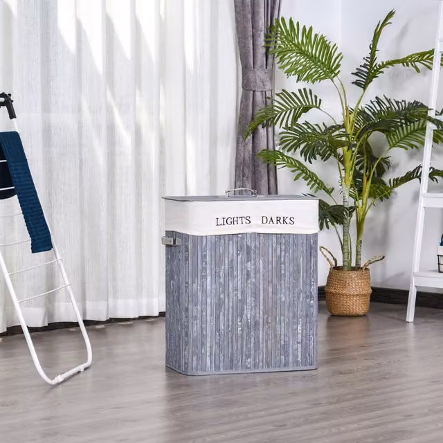HOMCOM 100L Bamboo Laundry Hamper with Removable Fabric Bag and Handles, Grey