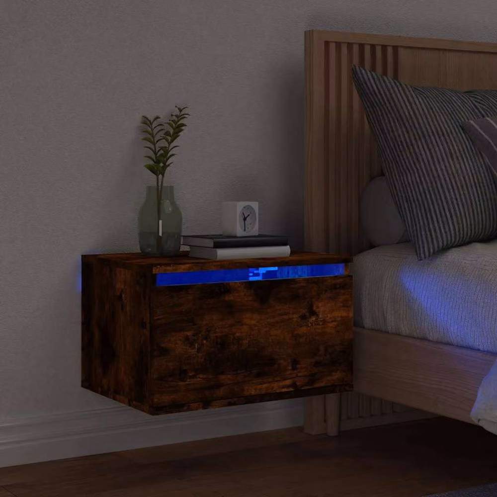 Berkfield Home Wall-mounted Bedside Cabinet with Integrated LED Lights in Smoked Oak Brown – 2