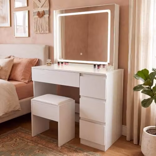 Kosy Koala Modern Dressing Table Set with Hollywood LED Mirror and Stool in White, W: 94 cm, D: 42 cm, H: 140 cm – 2