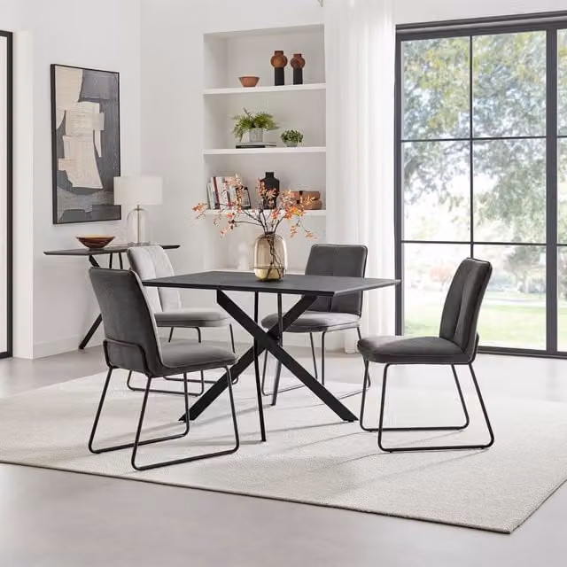 FurnitureboxUK Leonardo Black Top Dining Table and 4 Halley Dark Grey Fabric Chairs