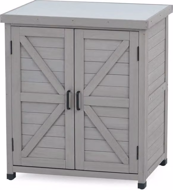 FORGEVIO Grey Wooden Garden Storage Cabinet with Hinged Doors and Internal Shelves