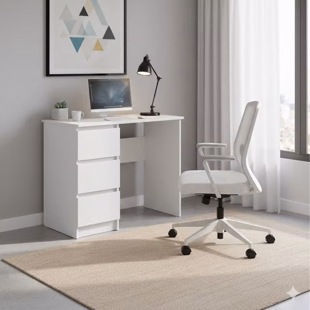Shefa Line Modern White Computer Desk with Oak Wood Finish