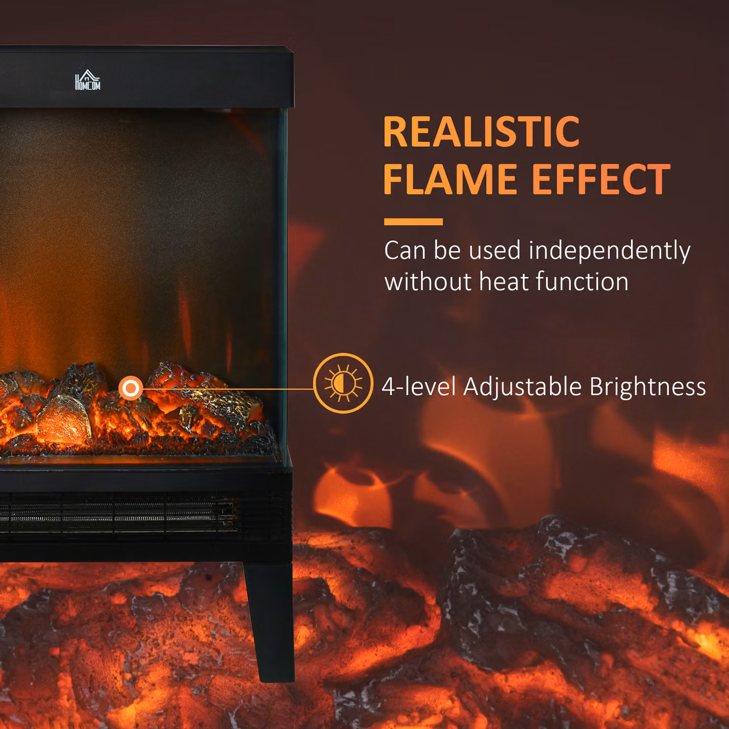 HOMCOM Black Freestanding Electric Fireplace Heater with LED Flame Effect and Glass Detail – 4