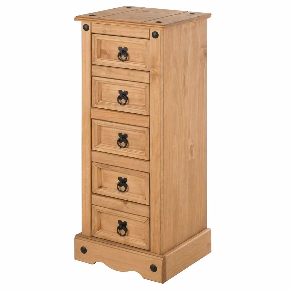 NESTLUNE 5 Drawer Brown Pine Wood Chest of Drawers and Narrow Bedside Cabinet, W: 100 cm, D: 15 cm, H: 15 cm – 2