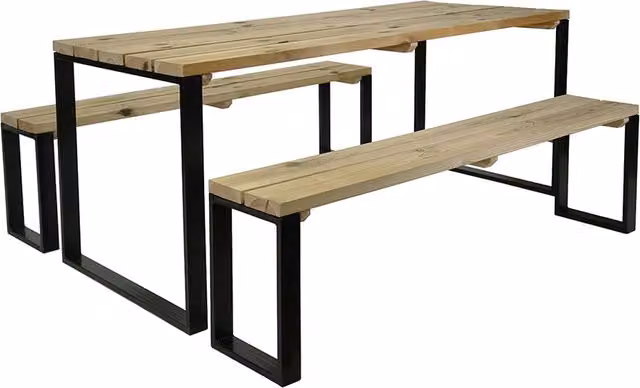 Cerland Blakea 6 Seater Wooden Garden Dining Set with Table and Benches in Brown and Beige Pine