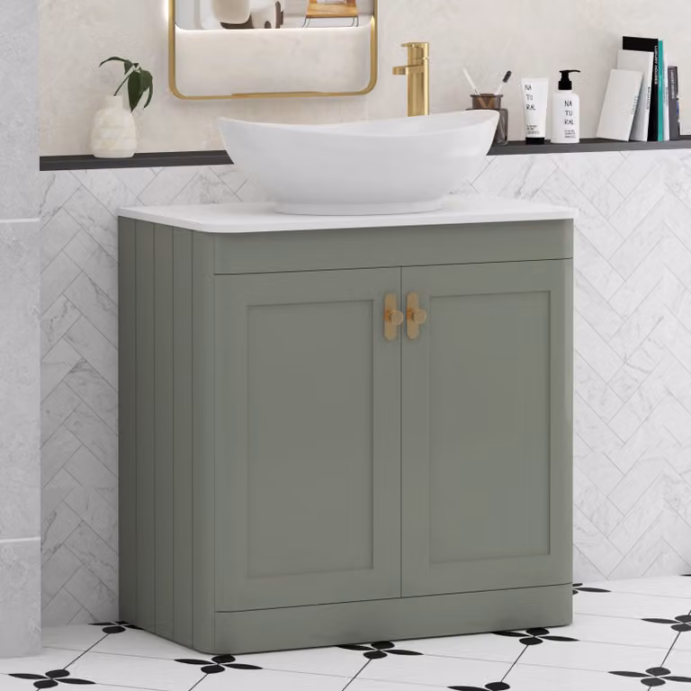 Royal Bathrooms Henley 800mm Sage Green Floor Standing 2 Door Vanity Unit with Plain White Worktop, Amaze Basin and Brushed Brass Knob