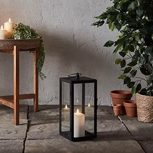 Lights4fun Black Metal Outdoor Garden LED TruGlow Pillar Candle Lantern with White Candle, H 35 cm x W 15 cm x D 15 cm – 1