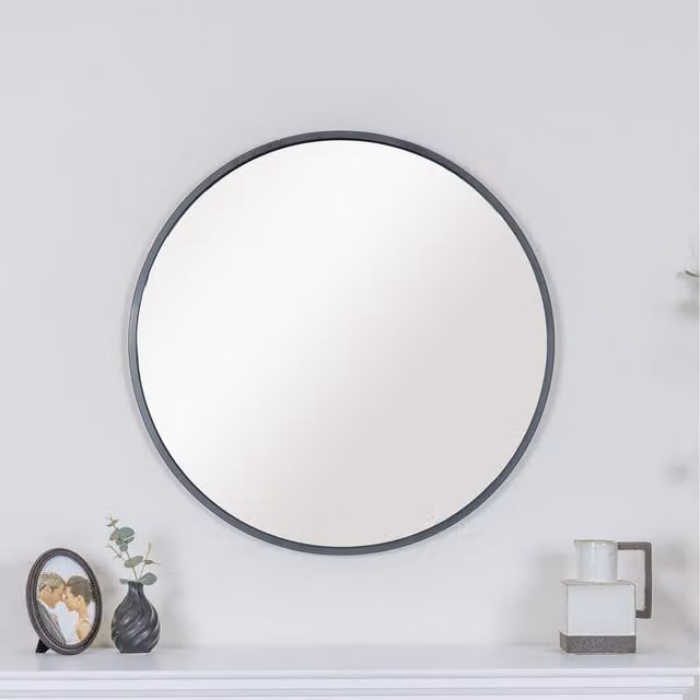 Melody Maison Round Industrial Wall Mirror with Thin Metal Frame in Black